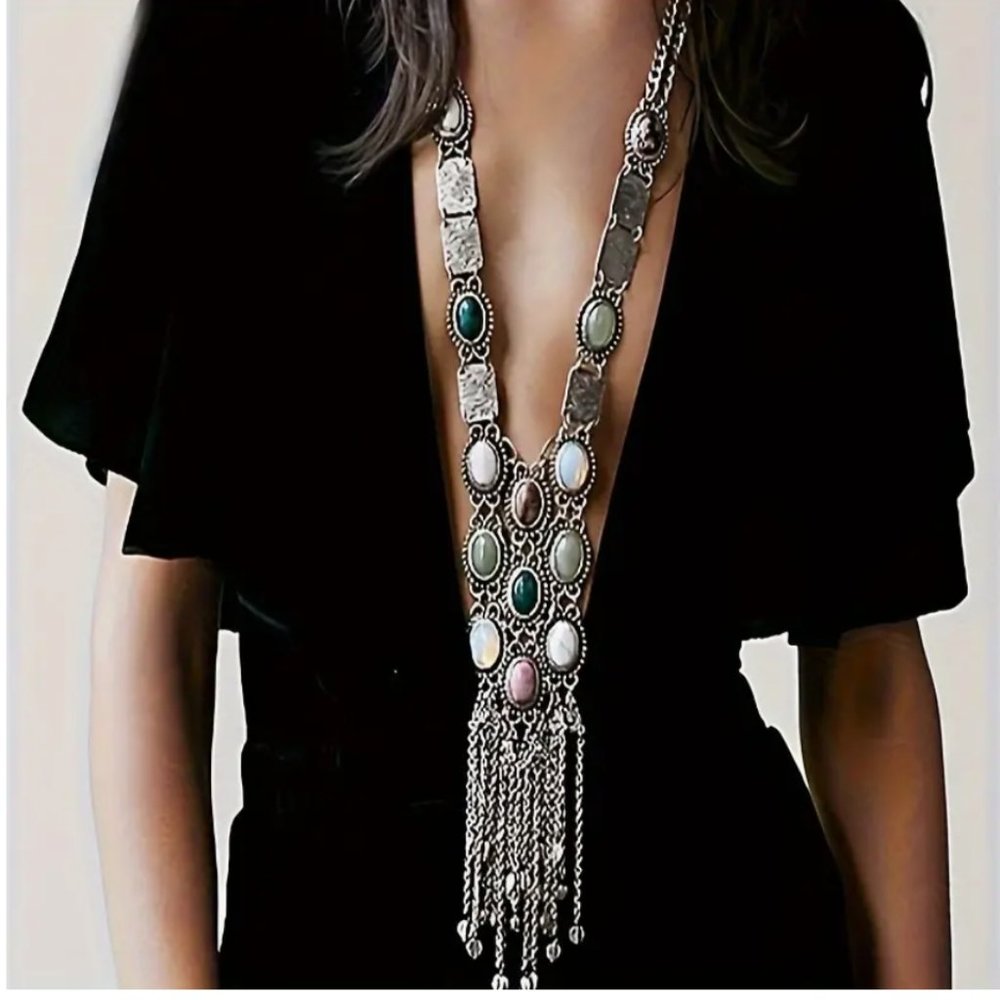 Bohemian Faux Turquoise Tassel Necklace